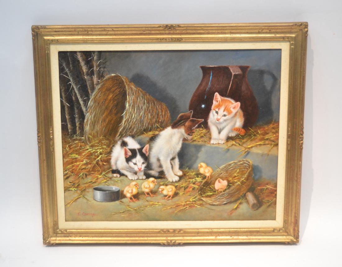EDUARDO CERRONE (ITALY ,1935-2011) OIL ON CANVAS: OF CATS & CHICKS IN BARN ; SIGNED LOWER LEFT , WITH INFO INVERSO - 20" x 17" , 23 1/2" x 19 1/2"