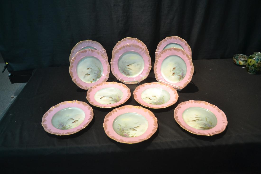 (11) THEODORE HAVILAND LIMOGES FISH PLATES: 9" ; (SOME WEAR)