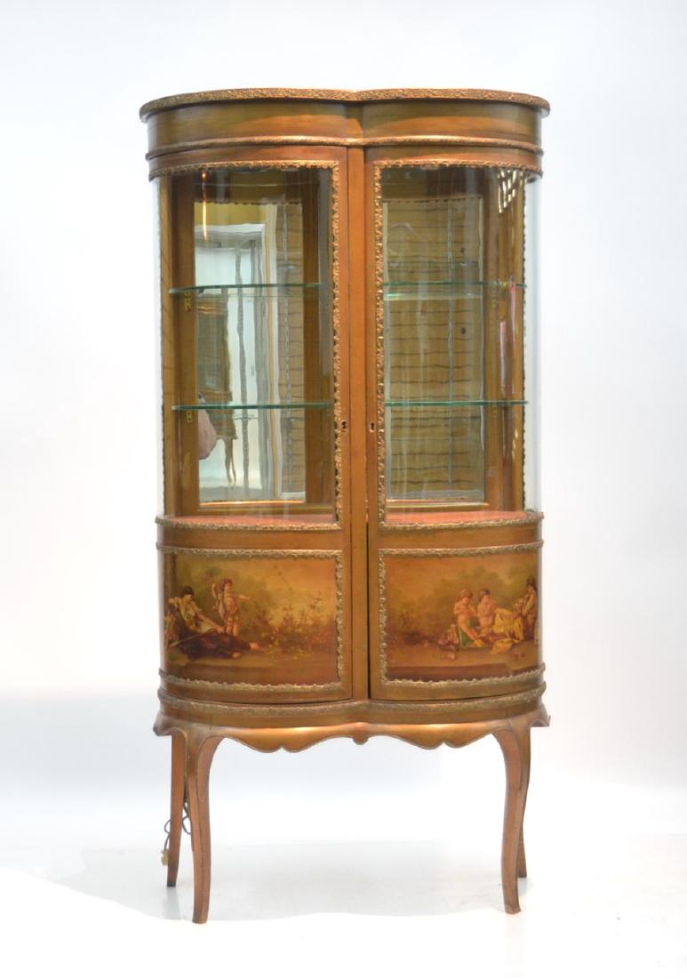 UNUSUAL FORM VERNIS MARTIN CURIO CABINET: WITH DOUBLE DOOR HAVING RECLINING WOMAN WITH LYRE & MUSICAL ; RECLINING HUNTRESS WITH PUTTI PLAYING DRUMS ; ARTIST SIGNED W. FRUEN ; WITH BRONZE MOUNTS - 28" x 15" x 63"