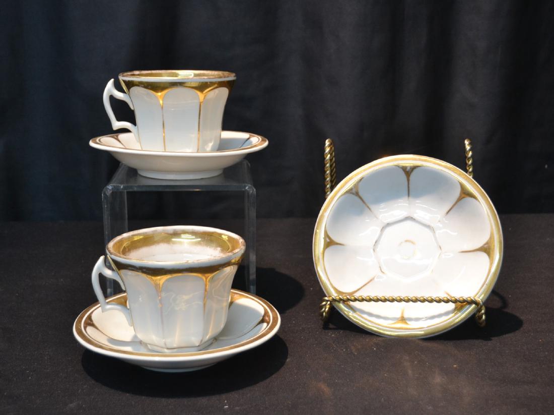 (2) KPM PORCELAIN OVERSIZED CUPS & (3) SAUCERS: WITH GOLD TRIM - SAUCER IS 6 1/2" D ; CUP IS 4 /2" x 3 1/4"