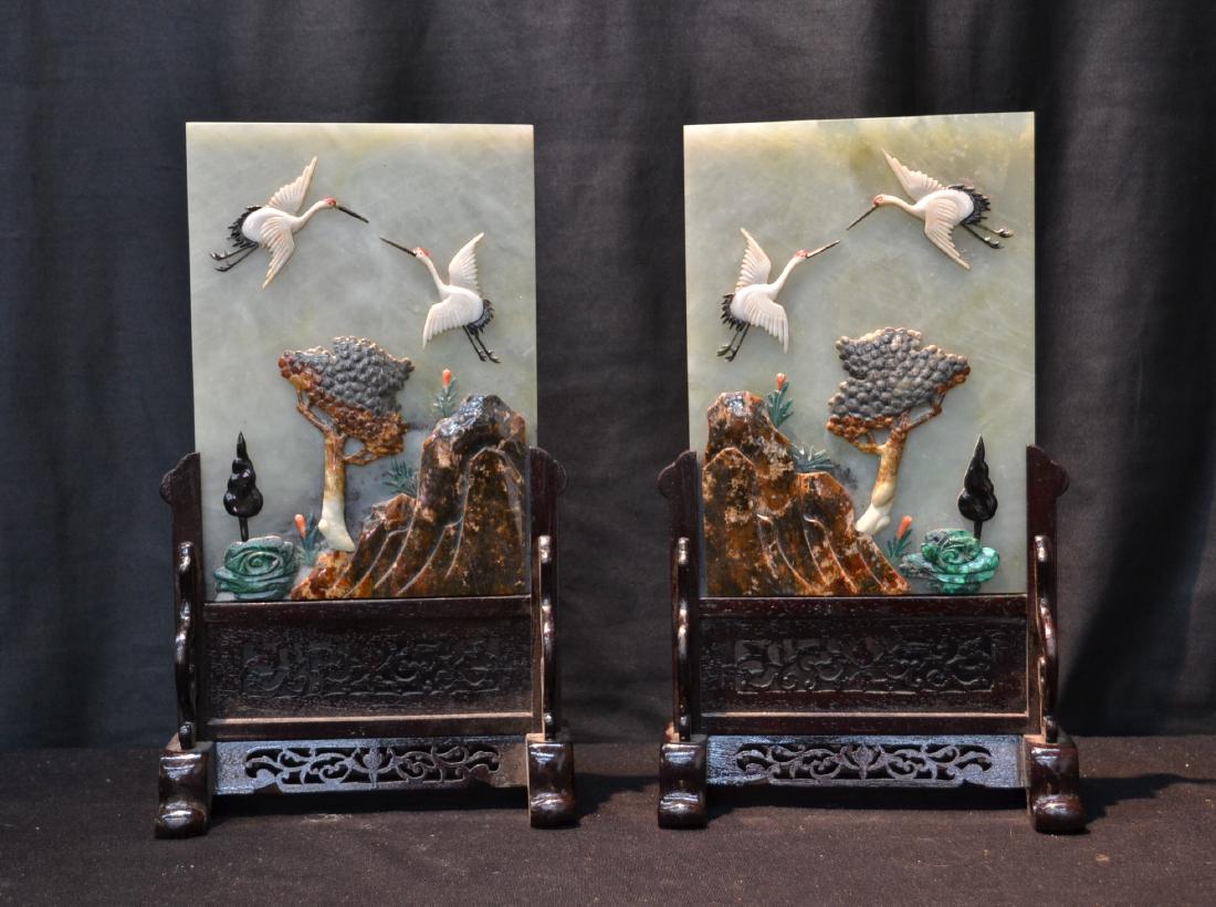 (Pr) CHINESE RAISED PRECIOUS STONE PLAQUES: OF BIRDS IN LANDSCAPE CONTAINING JADE , MALACHITE & OTHER STONES ; ON STANDS WITH ORIGINAL BOX - PLAQUES ARE 7" x 9 3/4" ; STANDS ARE 8" x 7"