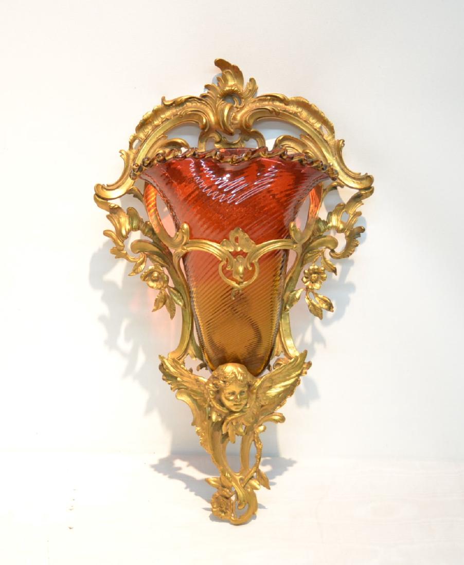 LXV STYLE FRENCH BRONZE & AMBERINA GLASS: WALL POCKET WITH CHERUB MASK - 11 1/4" x 5" x 18"