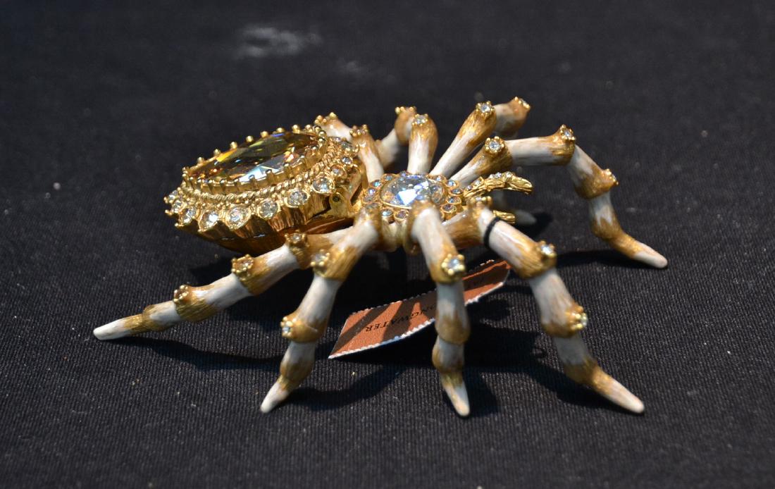 LIMITED EDITION JAY STRONGWATER JEWELED &: ENAMELED SPIDER FORM CLOCK WITH LIFT UP BOX ; LIMITED EDITION OF 350 , NEW ON BOX - 3 1/4" x 4 1/2" x 1 1/2"
