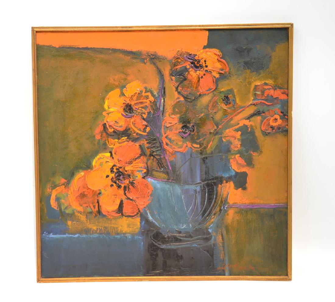 HENRIETTA BERK (AMERICAN, 1919-1990) FLORAL OIL: ON CANVAS OF POPPIES IN BLUE VASE , SIGNED H BERK , LOWER RIGHT - 31" x 31"