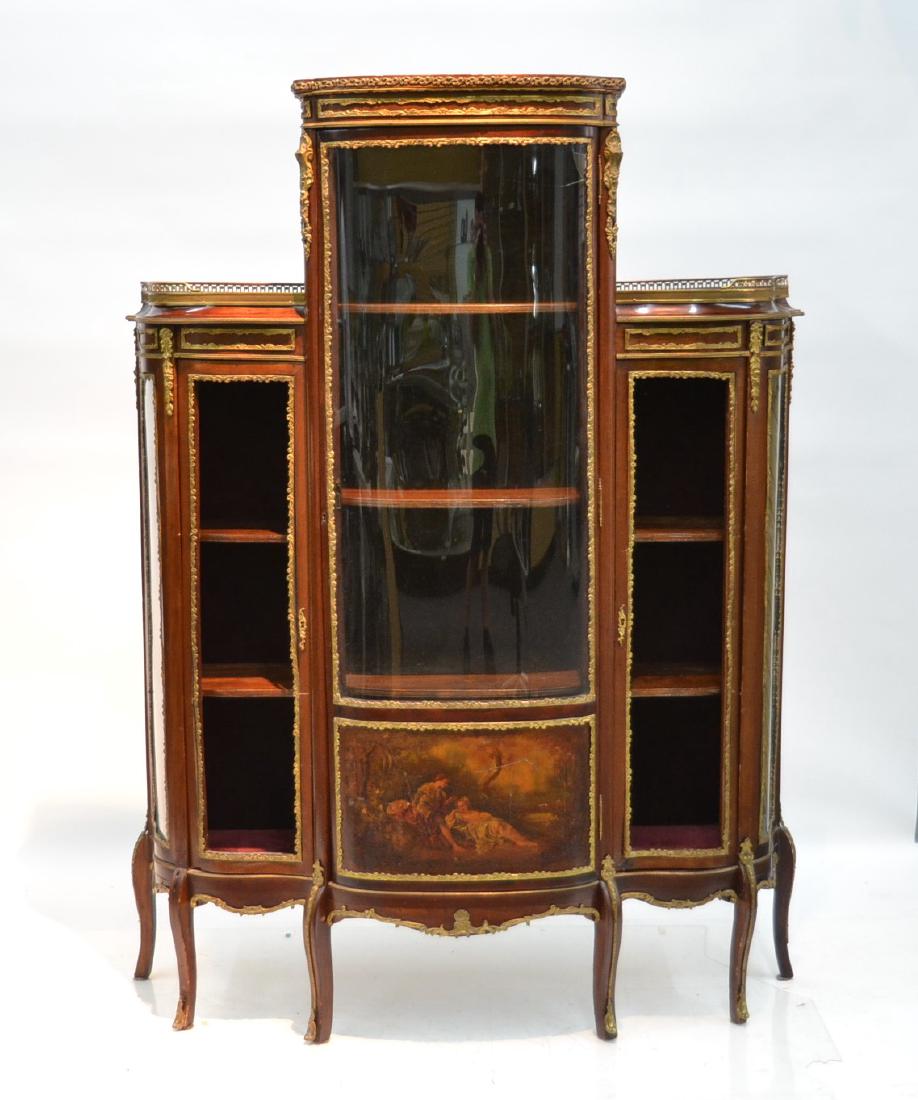 FRENCH VERNIS MARTIN BRONZE MOUNTED TRIPLE: DOOR CABINET ; WITH HAND PAINTED ROMANTIC SCENES ; MARBLE TOP & BRONZE GALLERY ; (2) GLASS IN SIDE DOORS MISSING ; CENTER DOOR HAS CRACK ; ONE SIDE HAS PLEXIGLASS) 48" x 16" x 65"