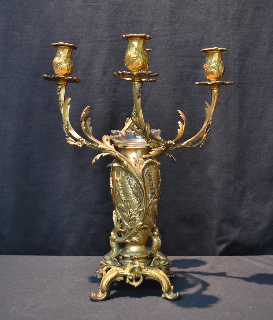 CHRISTOFLE DORE BRONZE 4-LIGHT CANDELABRA: WITH SERPENTS ON SIDES & EGERNE GLASS INSERT ; SIGNED - 14" x 18"