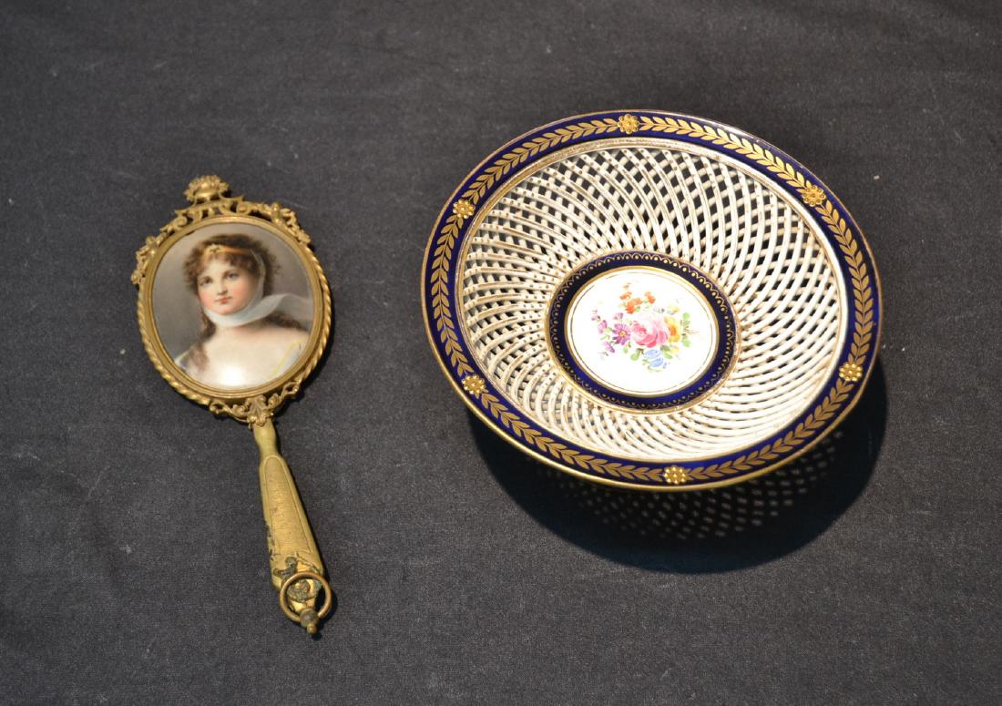 BRONZE HAND MIRROR WITH PORCELAIN QUEEN LOUISE: & RETICULATED DRESDEN TAZZA - 6 1/4" x 3" ; MIRROR IS 8 1/2"