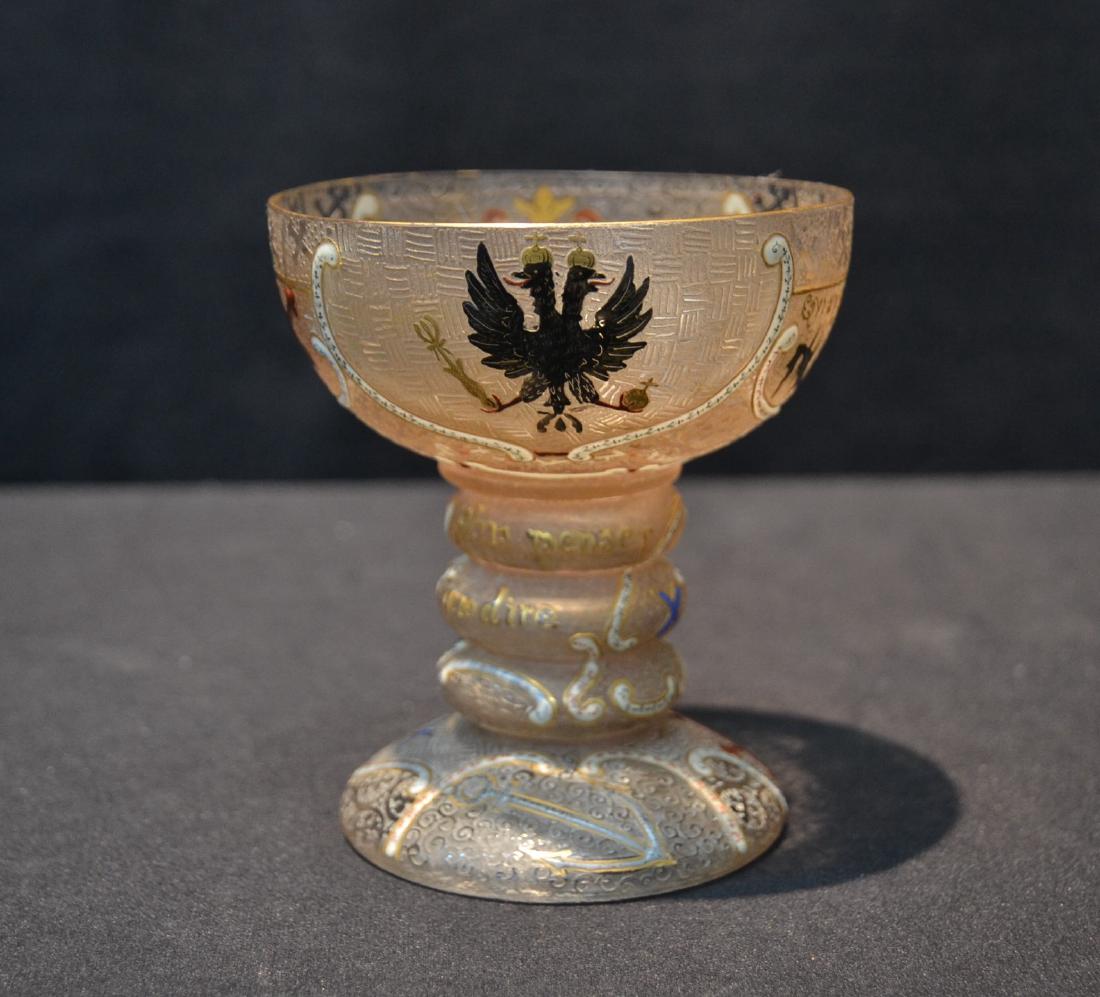 RARE DAUM NANCY COMMEMORATIVE ENAMELED CUP: MADE FOR AUSTRIAN COURT ATTRIBUTED TO DAUM NANCY ; WITH AUSTRIAN DOUBLE HEADED EAGLE COAT OF ARMS ; MARKED WITH CROSS OF LORRAINE ON THE BASE - 3 3/4" x 4 1/4"