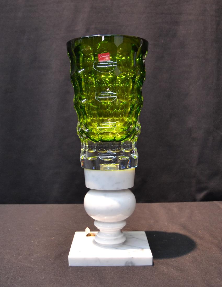GREEN BACCARAT KINGS OF THE FOREST CRYSTAL VASE: ON MARBLE VASE GREEN 13" ; BY MARCEL WANDERS ;