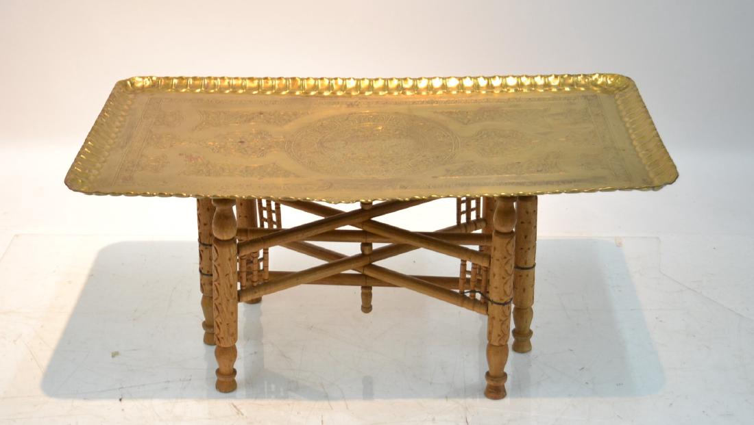 LARGE ENGRAVED BRASS TRAY TABLE WITH FOLDING: BASE - 39 1/2" x 22" x 18"
