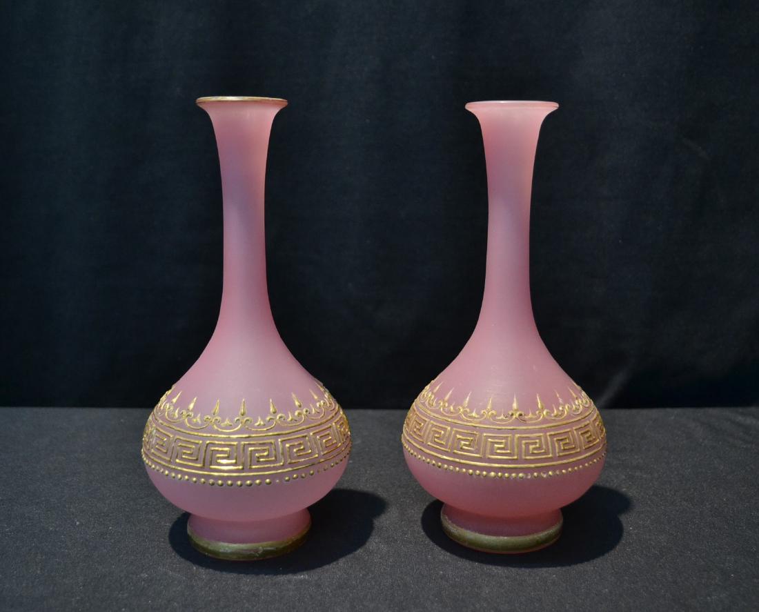 (Pr) PINK OPALINE VASES WITH GOLD DECORATIONS: 3 1/2" x 8"