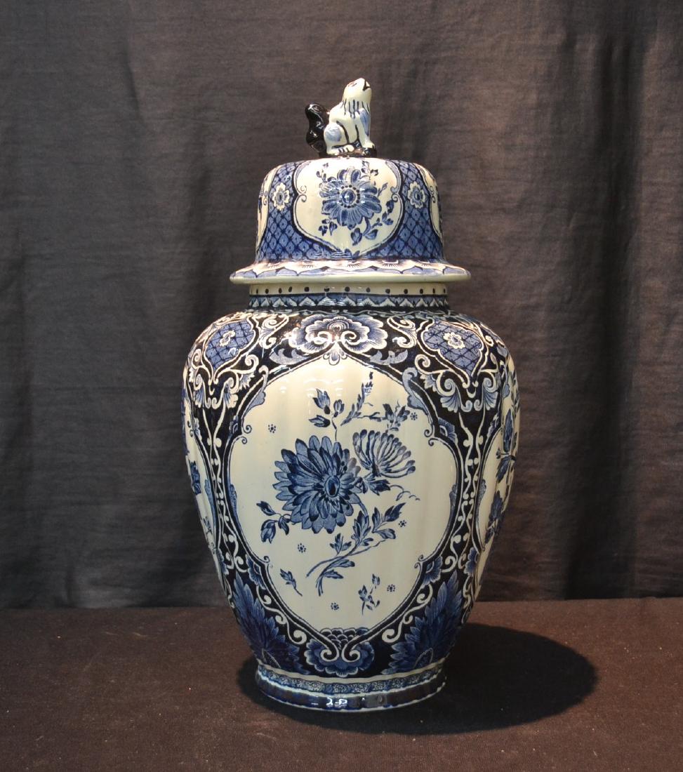 LARGE BOCH FRERES DELFT COVERED URN WITH: DOG FINIAL - 8" x 18 1/2"