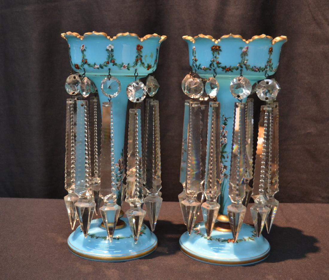 (Pr) BLUE OPALINE LUSTRES WITH HAND PAINTED: FLOWERS ; 5" x 10"