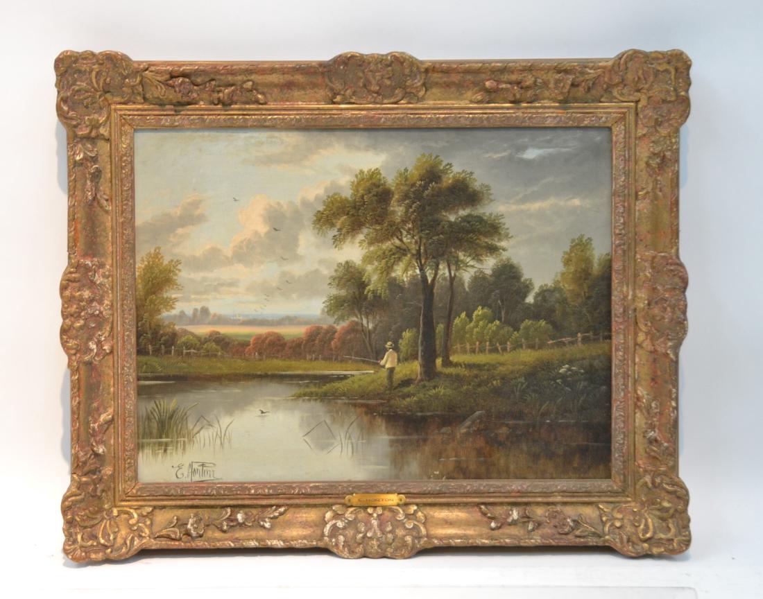 ETTY HORTON (BRITISH, ACTIVE 1884-1918): OIL ON CANVAS OF MAN FISHING IN LAKE LANDSCAPE , SIGNED E.HORTON , LOWER LEFT -20" x 15" ; 25" x 20" FRAMED