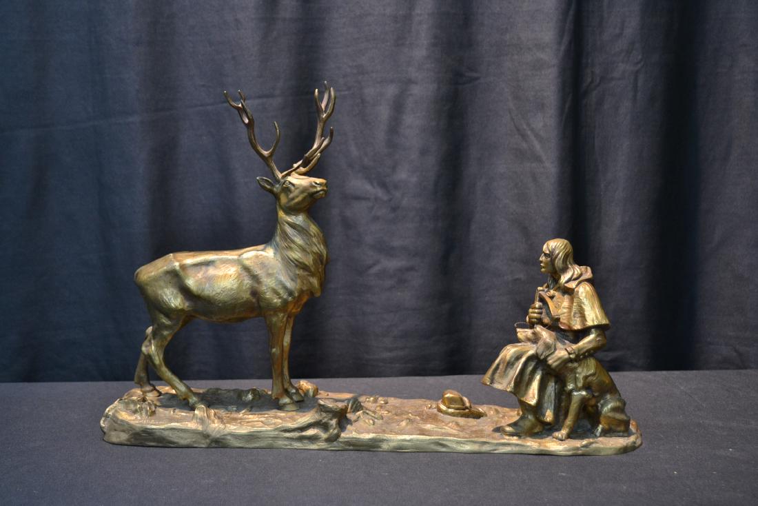 AFTER FRIEDRICH GORNIK (AUSTRIAN, 1877-1943): BRONZE MAN WITH DOG HUNTING STAG ; SIGNED F.GORNIK - 20" x 5" x 13 1/2"