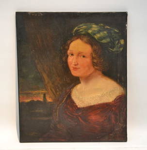 Attr. BENJAMIN ROBERT HAYDON (1786-1846) PORTRAIT: OIL ON CANVAS PORTRAIT OF Mrs. ROBERT HAWKES , INSCRIBED ON STRETCHER B.R. HAYDON JULY 1826 ; WITH FAMILY LINEAGE INVERSO ; B.R. HAYDON WAS ENGLISH COURT PAINTER - 25" x 30" UNFRAMED (HAS BEEN RELINED
