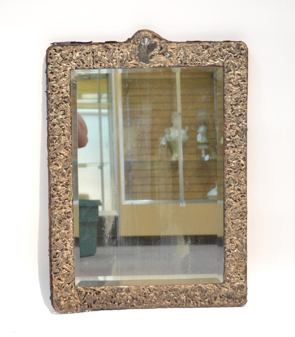LARGE EMBOSSED STERLING SILVER BEVELED: EASEL MIRROR WITH PUTTIS & SCROLLWORK DESIGNS ; MARKED 925 STERLING - 20" x 28"