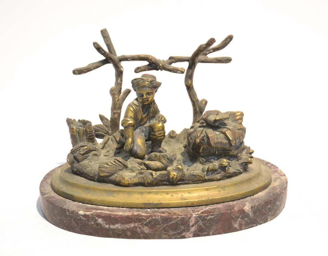 BRONZE INKWELL PEN HOLDER WITH BOY ON ROCKY: GROUND WITH ANIMALS ; ON MARBLE BASE - 6 1/2" x 4 1/4" x 4" OVERALL