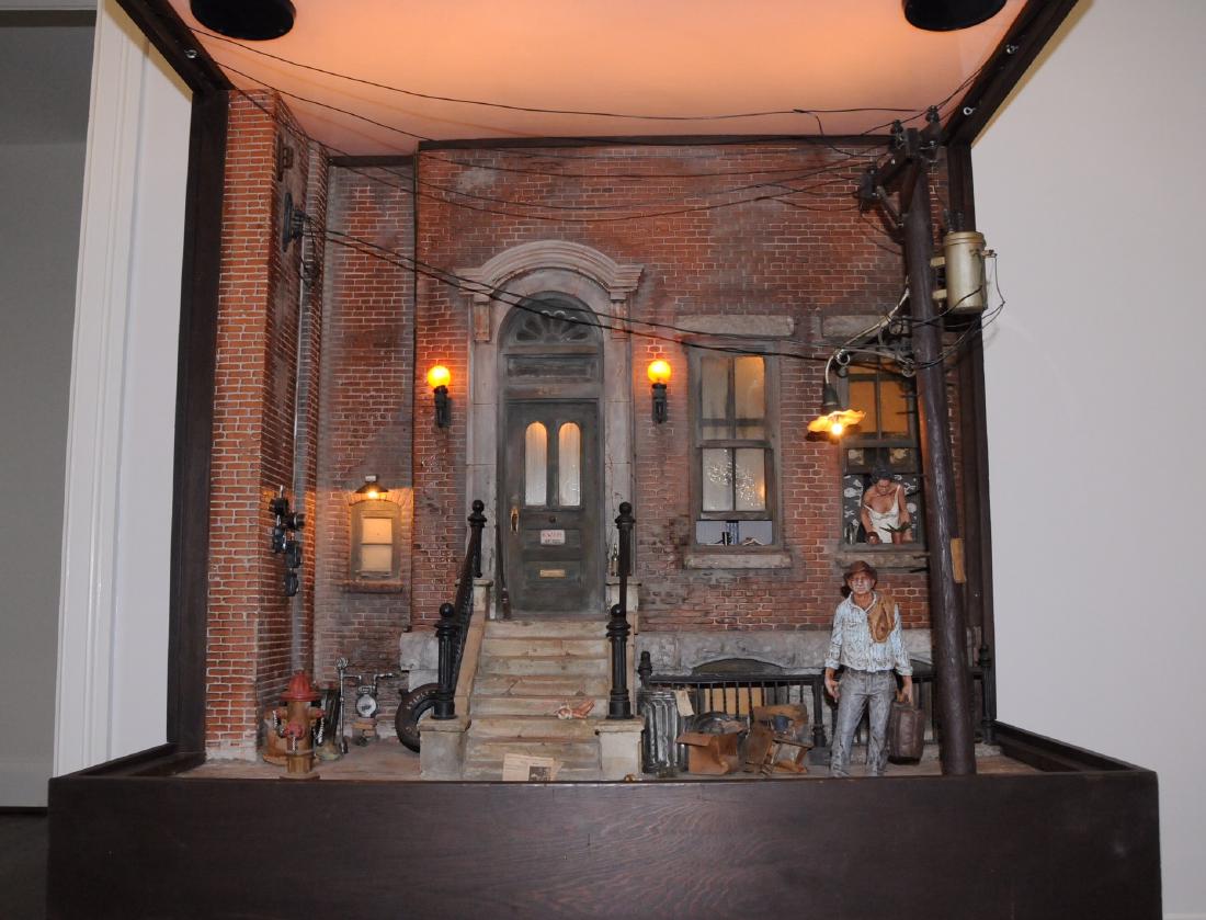 VERY LARGE ORIGINAL MICHAEL GARMAN , HAND PAINTED: " DARBY STREET" DARBY 1 CITY SCAPE , SIGNED MICHAEL GARMIN , 1975 ; THIS PIECE IS FIRST FULL CITY SCAPE GARMAN CREATED FOR "MAGIC TOWN" , A 2000 sq ft SCULPTURAL THEATRE IN OLD COLORADO CITY - 48" x 2