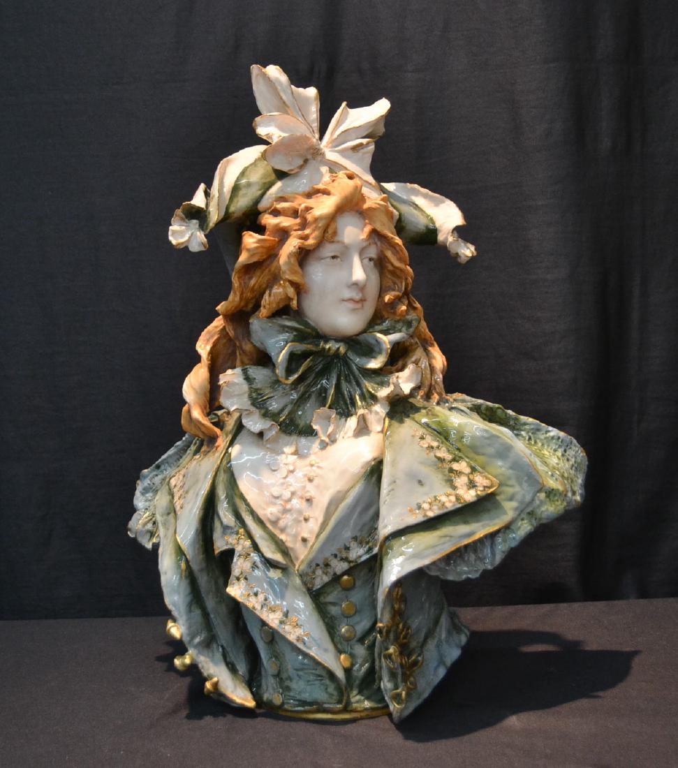 GLAZED AMPHORA TURN TEPLTIZ ART NOUVEAU BUST: OF YOUNG WOMAN IN VICTORIAN DRESS WITH ENAMELED DECORATIONS - ; SIGNED ED STELLMACHER - 15" x 8" x 20"