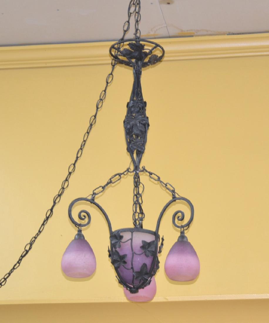 ART DECO WROUGHT IRON & SCHNEIDER ART GLASS: CHANDELIER WITH (3) SIGNED SHADES & DOME SET IN FOLIATE WROUGHT IRON FRAME , SHADES ARE CHARLES SCHNEIDER (1882-1962) , ca. 1930's - 18" x 35"