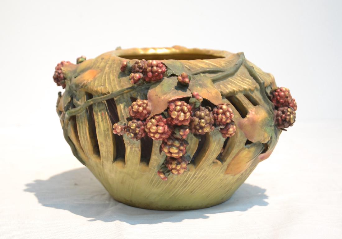 AMPHORA DOUBLE WALL BOWL WITH: BASKETWEAVE BERRIES - (ONE PIECE MISSING) 9 1/2" x 5 1/2"
