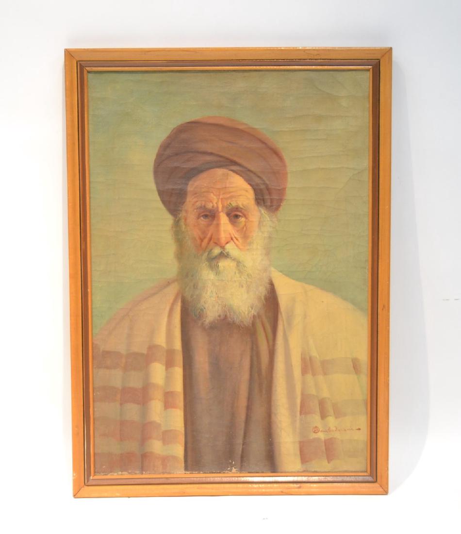 OIL ON CANVAS PORTRAIT OF MIDDLE EASTERN MAN: SIGNED LOWER RIGHT ILLEGIBLY - 20" x 28" , 22" x 30 1/2" (SOME MINOR PAINT LOSS)