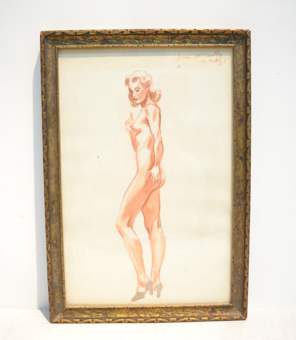 ILLUSTRATION DRAWING OF NUDE WOMAN: TITLED "JOAN McCARTHY" AT WALLY ART CLUB ; BY RICHARD WILLIAMS - 12 1/2" x 18" OVERALL