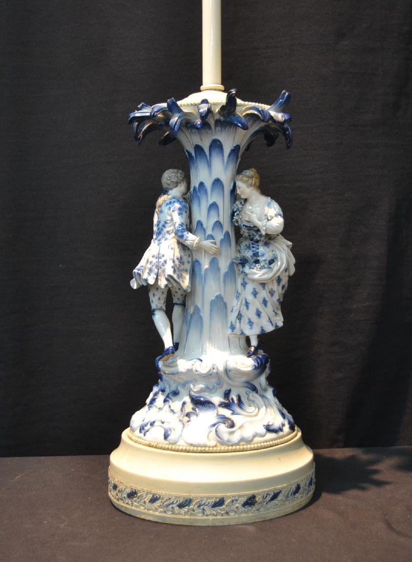 MEISSEN BLUE & WHITE PORCELAIN FIGURES: WRAPPED AROUND TREE LAMP - VASE IS 8 1/2" x 17" ; 33" TALL OVERALL (FEW SMALL REPAIRS)