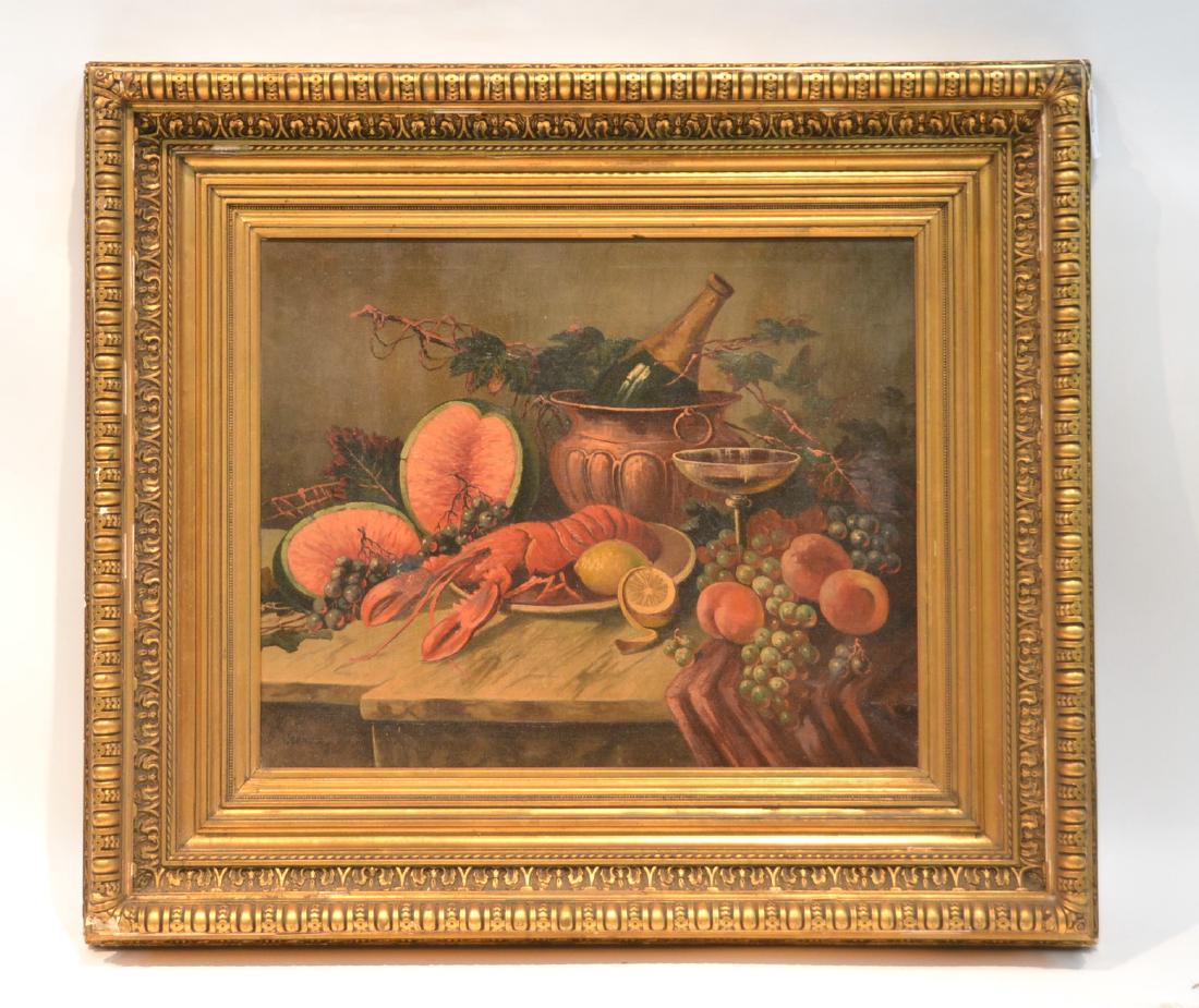 OIL ON CANVAS FRUIT & LOBSTER STILL LIFE: SIGNED WERNER , LOWER LEFT , SET IN PERIOD GILT FRAME - 26" x 21" , 28" x 33"