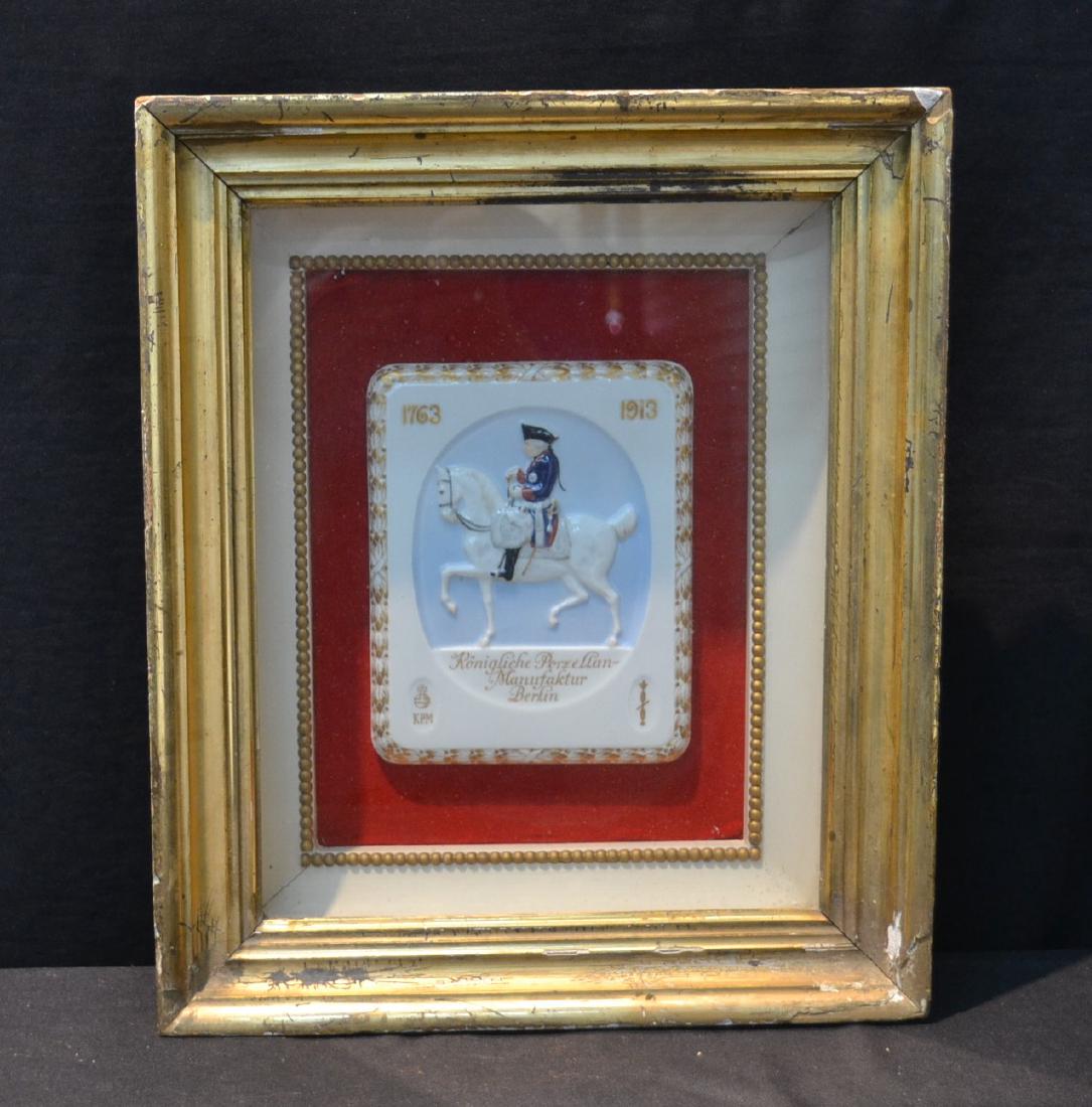 KPM - BERLIN 150 YEAR ANNIVERSARY PLAQUE: FROM 1863-1913 COMMEMORATIVE PLAQUE WITH MAN ON HORSEBACK ; SET IN SHADOW BOX FRAME - 14" x 4" x 17"