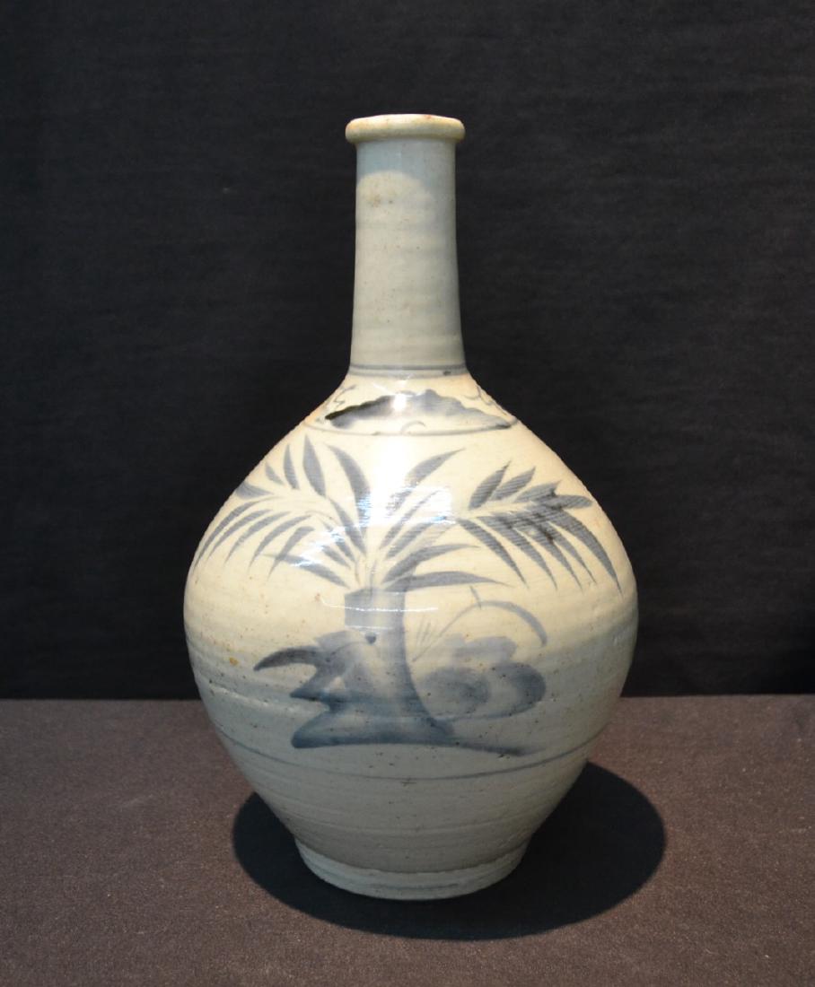 ANTIQUE KOREAN BLUE & WHITE PORCELAIN VASE: WITH FOLIATE BRANCHES DESIGNS - 6" x 11"