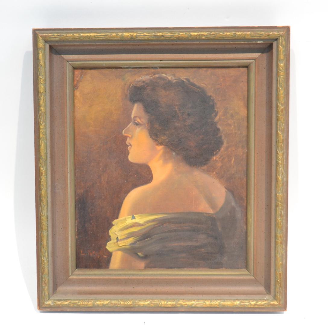 LEON KROLL (AMERICAN, 1884-1974) OIL ON CANVAS: MOUNTED ON BOARD PORTRAIT GIRL , SIGNED LEON KROLL , LOWER LEFT - 9" x 11" ; 13 1/2" x 15" (SOME PAINT CRACKLING & LIFTING) (FROM THE ESTATE OF KWIATKOWSKI & SCHIELE - ARTWORKS COLLECTED AT AUCTIONS &