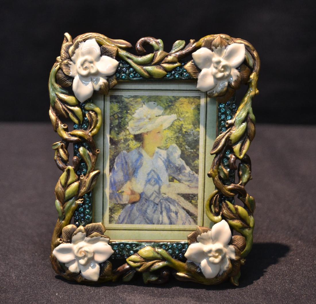 JAY STRONGWATER ENAMELED FRAME WITH FLOWERS: BRAND NEW IN BOX - 2 1/4" x 2 1/2" . 3 1/2" x 4"