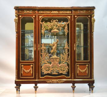 FRANCOIS LINKE BRONZE MOUNTED KINGWOOD CABINET: FRANCOIS LINKE , BRONZE MOUNTED KINGWOOD 3-DOOR MARBLE TOP CABINET WITH FINE BRONZE MOUNTS DEPICTING CLASSICAL WOMAN DANCING WITH TAMBORINE BEING HELD BY SEMI NUDES & BIRDS HOLDING DRAPED FLORAL GARLA