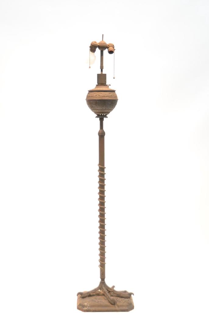 B & H BRONZE BANQUET FLOOR OIL LAMP WITH: BIRD CLAW FOOT ON BASE - 13" x 11" x 57"