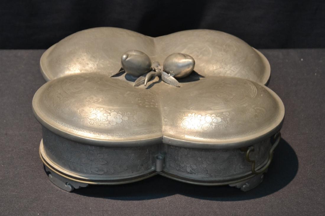 LARGE ANTIQUE CHINESE PEWTER COVERED SERVING DISH: WITH SECTIONAL INSERT & FRUIT FINIAL - 15" x 5"