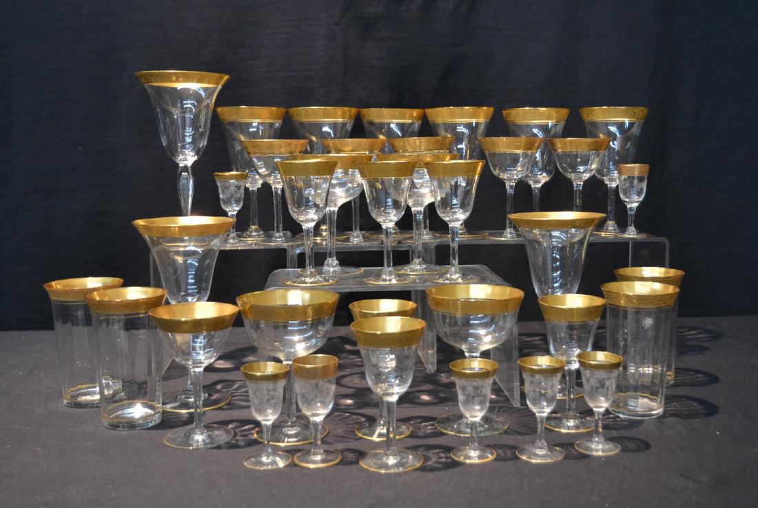 (36) GOLD RIM GLASSES: IN (7) SIZES ; LARGEST IS 4" x 7 1/2"