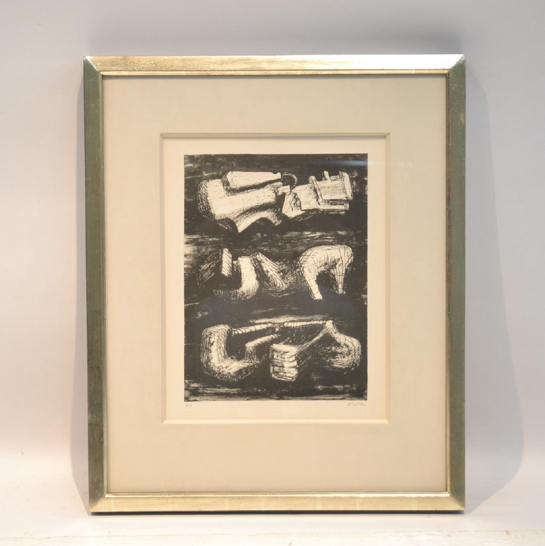 HENRY MOORE (1898-1986) BLACK & WHITE ENGRAVING: TITLED "3 SCULPTURAL OBJECTS" ; HAND SIGNED HENRY MOORE ; NUMBERED V/X ; IN PENCIL ; WITH INFO INVERSO - 12" x 15 1/2" , 21" x 25"