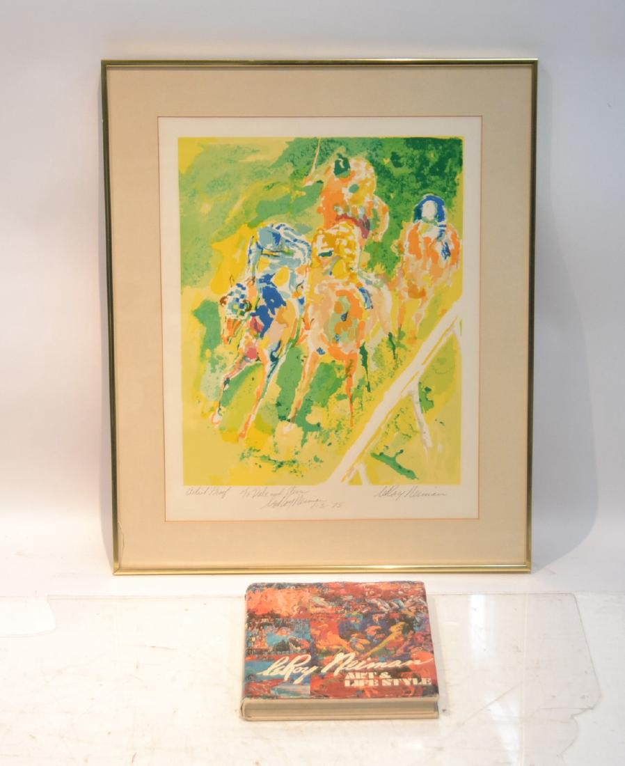 LEROY NEIMAN , ARTIST PROOF LITHOGRAPH OF: HORSES RACING ; HAND SIGNED LEROY NEIMAN , AP IN PENCIL & INSCRIBED TO DALE & STEVE 1-3-75' COMES WITH PERSONALLY INSCRIBED LEROY NEIMAN BOOK ; THIS PIECE IS A ONE OF KIND AND WAS NEVER PUT INTO A SER
