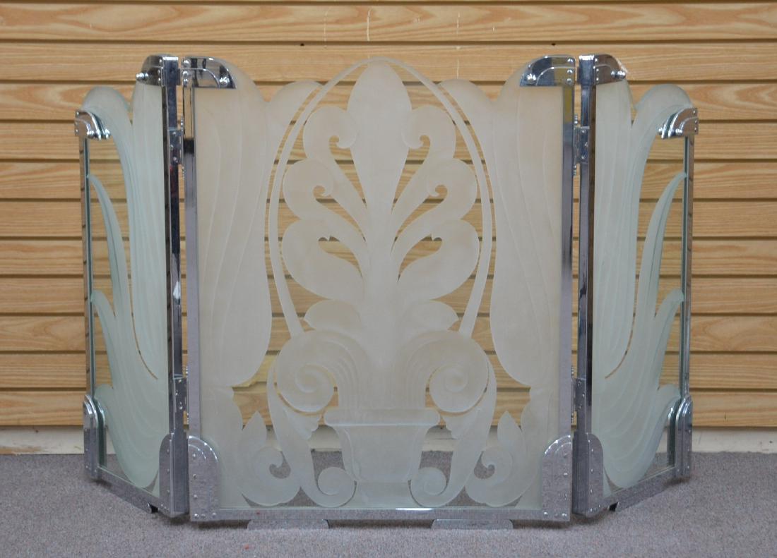 DENNIS ABBE FRENCH ART DECO ETCHED GLASS: FIRE SCREEN WITH CHROME MOUNTS ; SIGNED ABBE - 55" x 32 1/2"