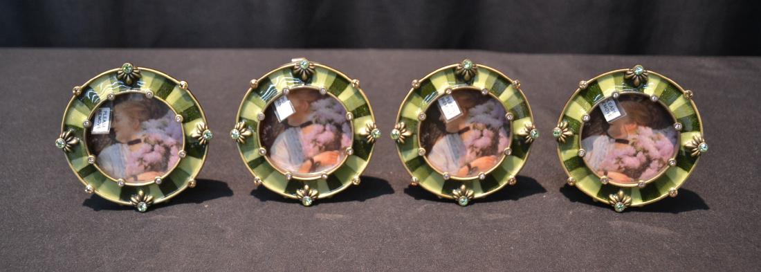(4) ROUND JAY STRONGWATER ENAMELED PICTURE FRAMES: PHOTO SIZE IS 3" ; OVERALL IS 5"