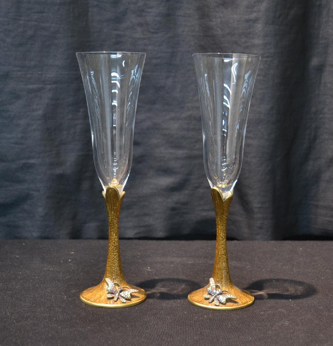 (Pr) JAY STRONGWATER ENAMELED BRONZE & GLASS: TOASTING FLUTES WITH BUTTERFLIES ; "HEIRLOOM PATTERN - NEW WITH BOXES - 10" TALL