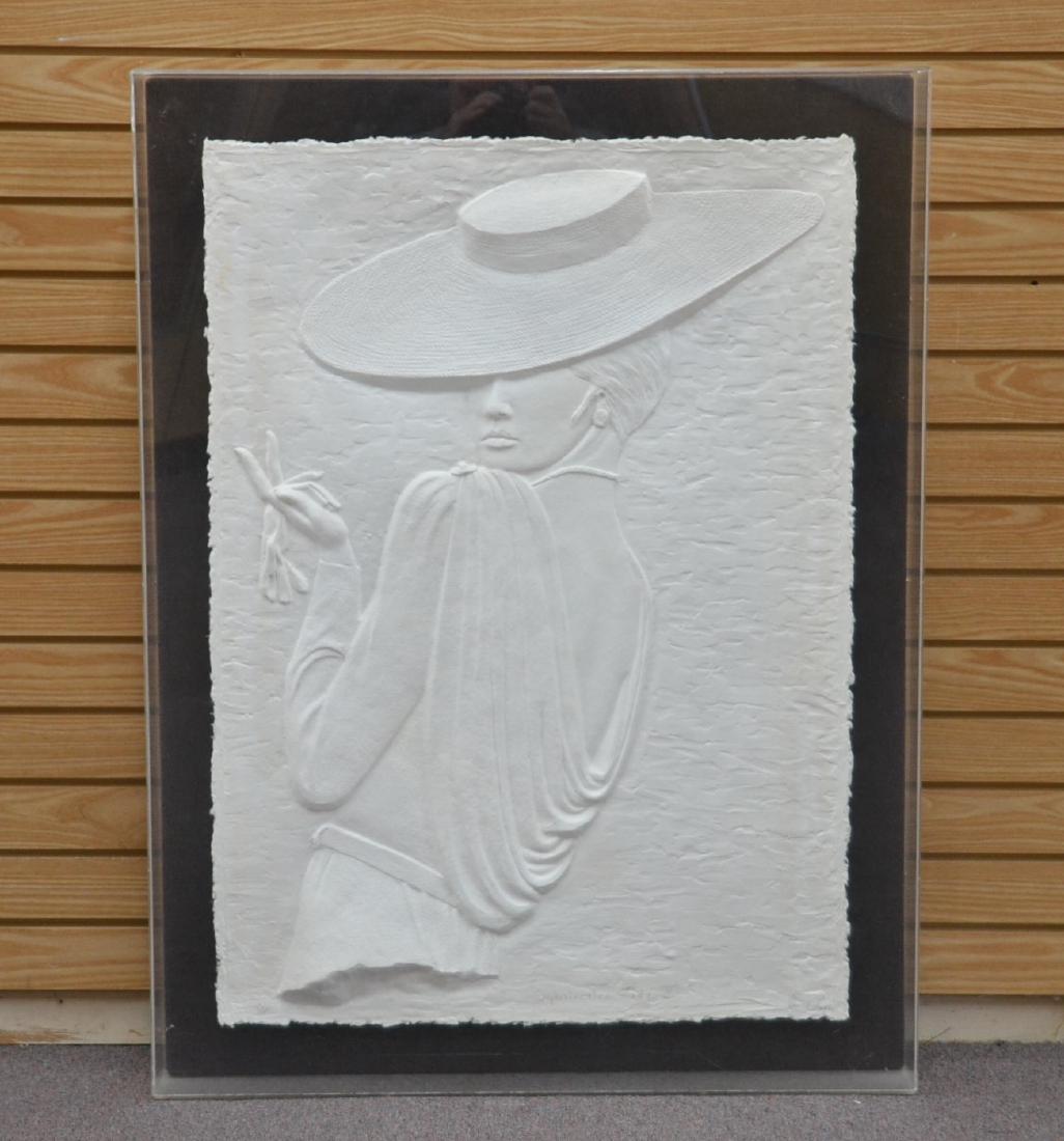 DAVID FISHER (1842-1909) SOPHISTICATED LADY II: EMBOSSED WORK ON PAPER ; SIGNED IN PENCIL & NUMBERED 87/1000 ; IN LUCITE SHADOW BOX - 30 1/2" x 41"