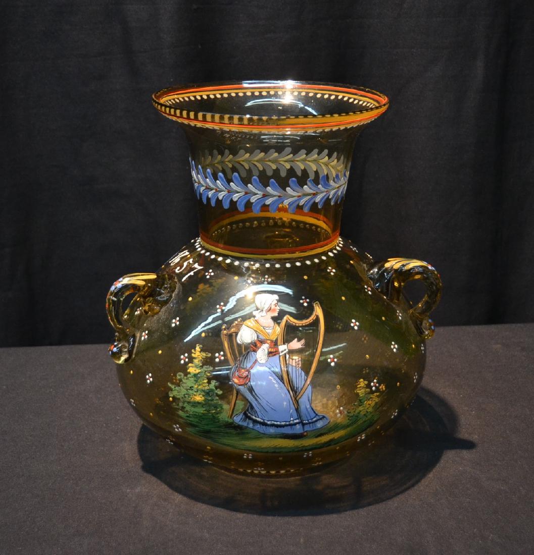 LARGE ENAMELED TRIPLE HANDLE GLASS JUG - VASE: WITH HAND ENAMELED FIGURES WITH HARPS & MANDOLIN ; 1657 - 9" x 11 1/2"