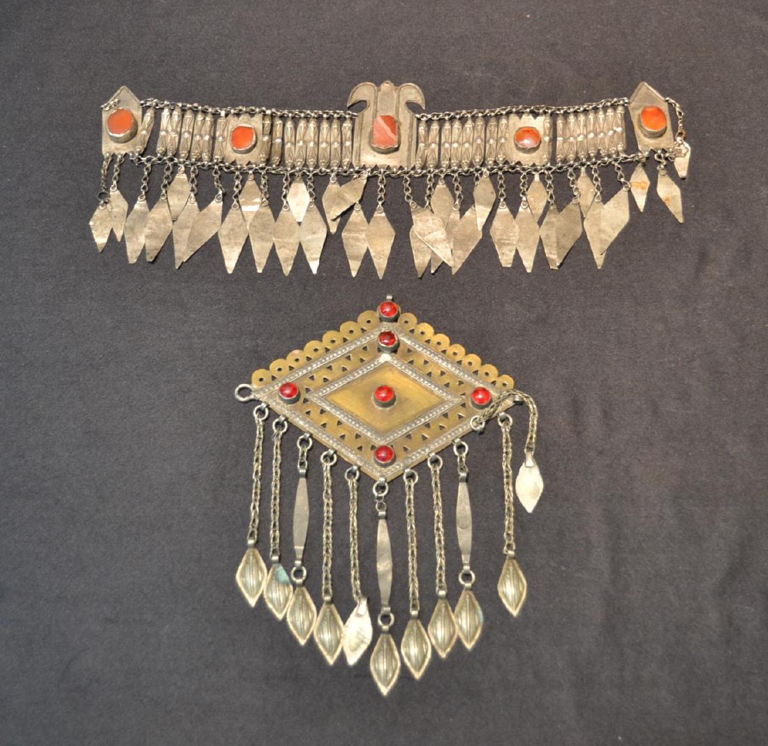 (2) TRIBAL JEWELED MIDDLE EASTERN NECKLACES: 13" x 4"