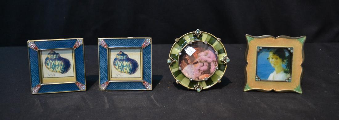 (4) JAY STRONGWATER ENAMELED FRAMES INCLUDING: PHEOBE FRAME , (2) LELAND FRAMES & ROUND AGATHA FRAME - PHOTO SIZE IS 2" x 2" ; 3" x 3"