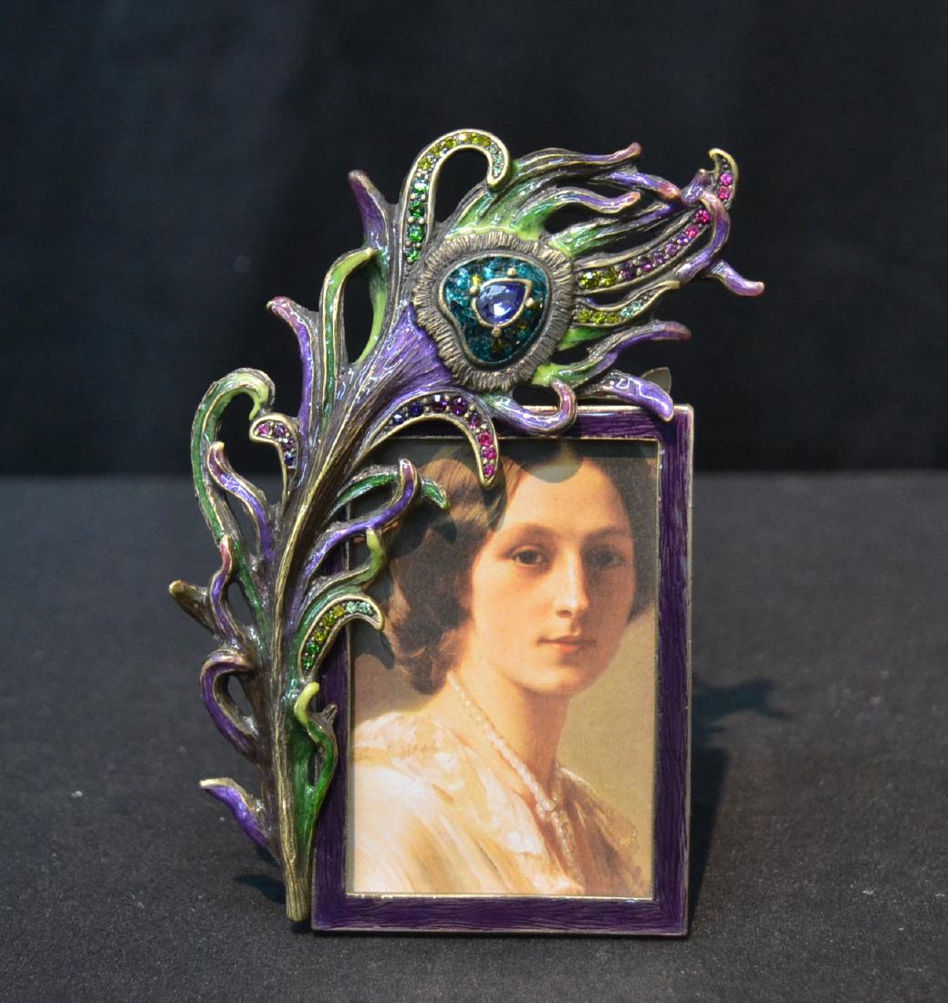 JAY STRONGWATER ENAMELED BRONZE PEACOCK FRAME: (NEW IN BOX WITH TAGS) 2" x 3" , 3" x 5" OVERALL