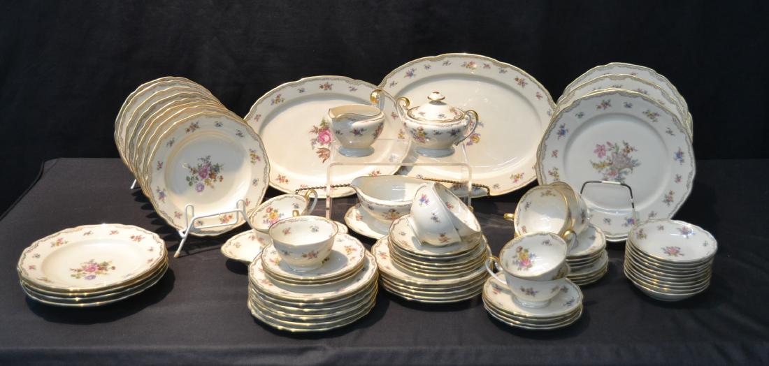 TIRSCHENREUTHER BAVARIAN CHINA DINNER SERVICE: (12) PLATES , (12) SOUP BOWLS, (10) BERRY, (11) CAKE, (9) CUPS , (10) SAUCERS & (6) SERVINGS PIECES "NEWTON" PATTERN"