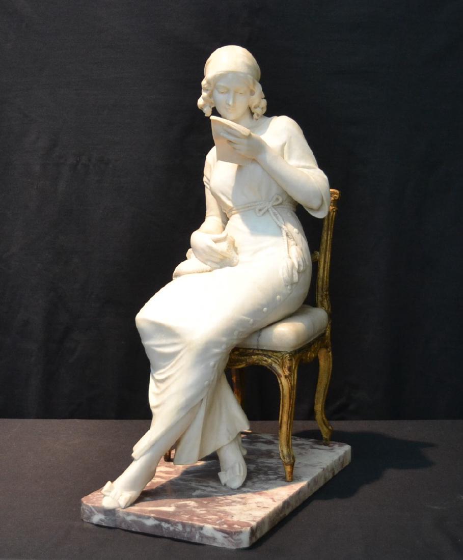 LARGE ART NOUVEAU STYLE CARVED ALABASTER SEATED: WOMAN ON BRONZE CHAIR ; HOLDING EVENING BAG & BOOK ; SIGNED ON MARBLE BASE , ILLEGIBLY - 9 1/2" x 20" x 28"